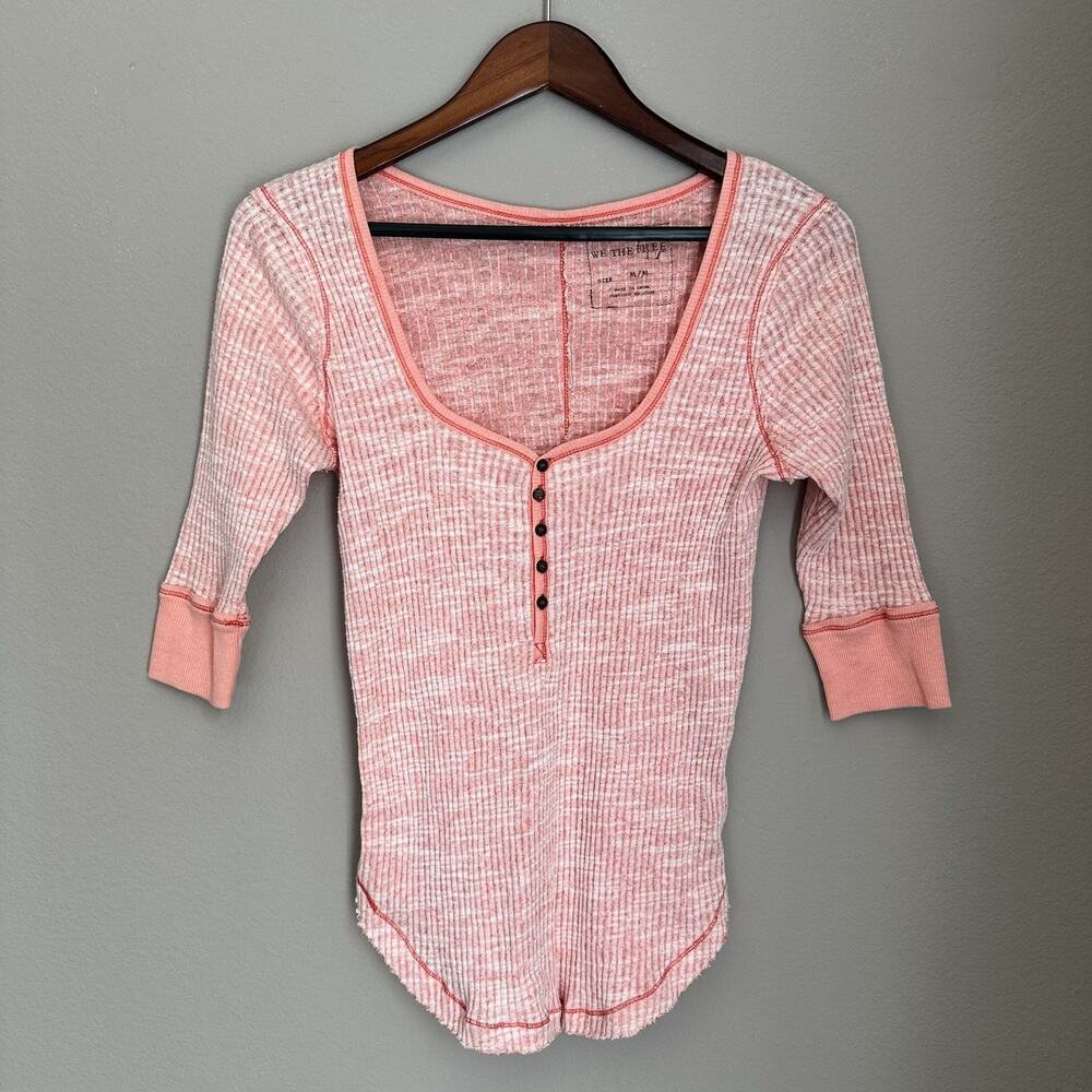 We The Free Coral Pink Cotton Blend Thermal Henley Top Y2K Boho Ribbed Raw Hem